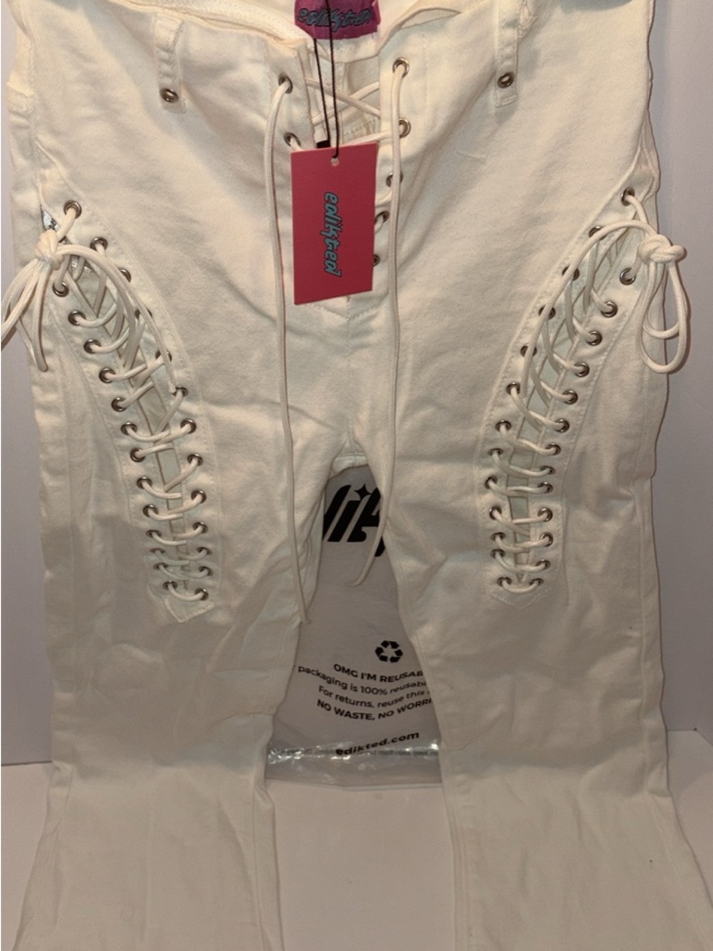 Edikted Cream Lace-Up Flare Jeans